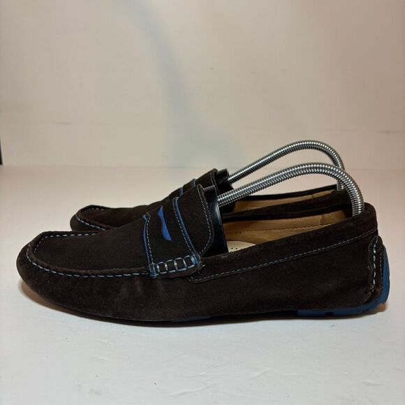 Ecco Mens Sz 42 8.5 M Dynamic Suede Penny Loafer Driving Moc Brown Blue Slip On - Picture 1 of 10
